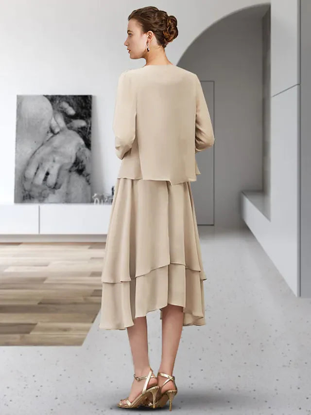 Wholesale Two Piece A-Line Mother of the Bride Dress Elegant Jewel Neck Asymmetrical Chiffon Sleeveless with Ruffles Tier Appliques